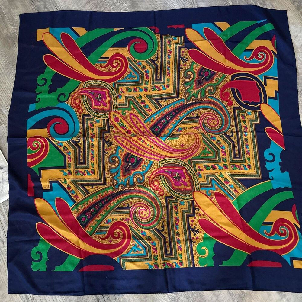 Vintage Anne Klein Vera Silk Scarf Paisley Geometric Jewel Tone Made Japan #20